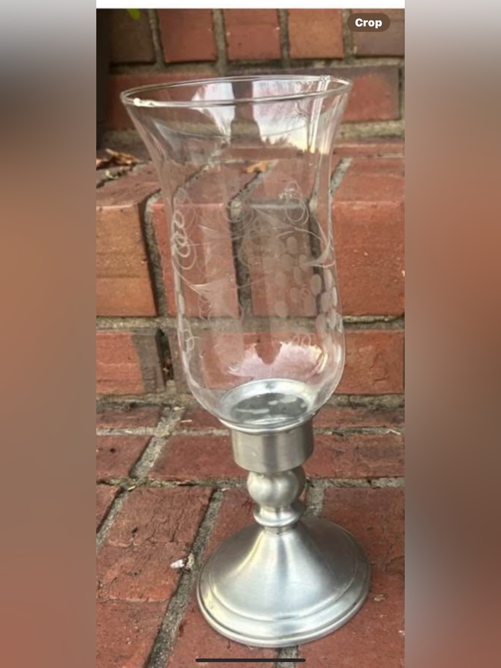 WEB PEWTER Weighted candle lantern with an etched glass chimney.